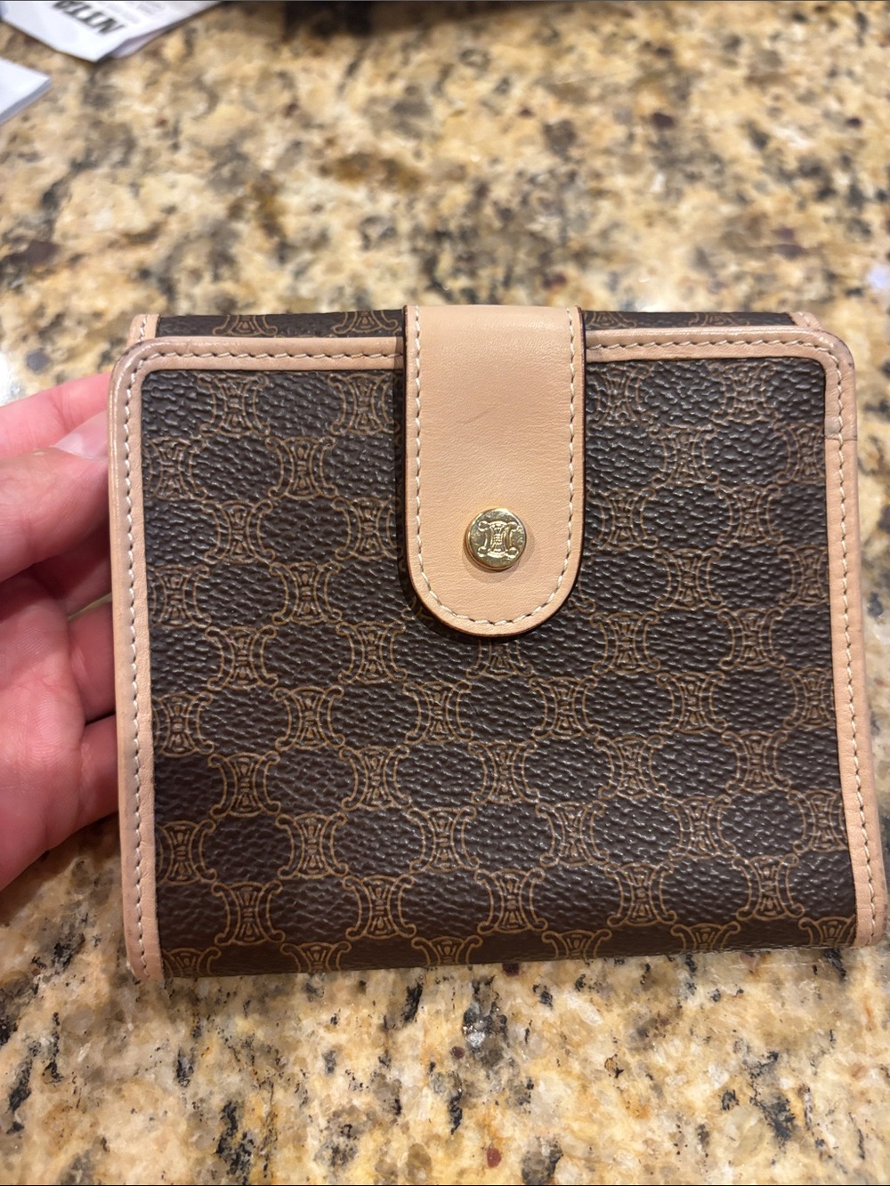 Celine Brown Monogram Canvas Wallet with Beige Trim